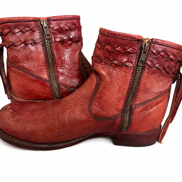 BED|STU Craven Distressed Leather Fringe Ankle Boots in Burgandy Red Size 8.5 - Picture 9 of 9